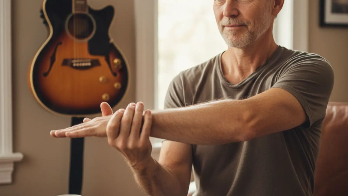 A middle aged guitarist sitting beside a guitar performing warm up stretches for his hands prior to playing 