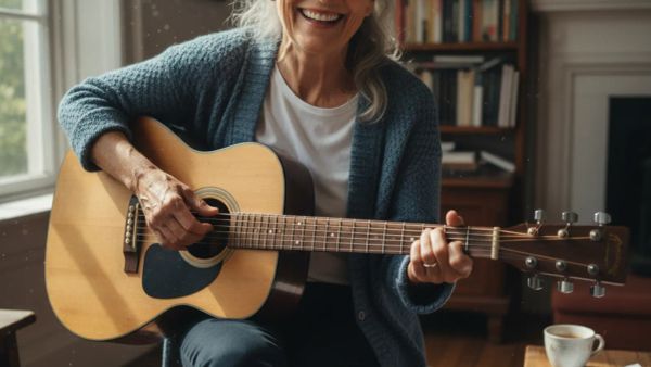 A middle aged woman playing guitar performing a simple chord shape thats easier to play with arthritis 