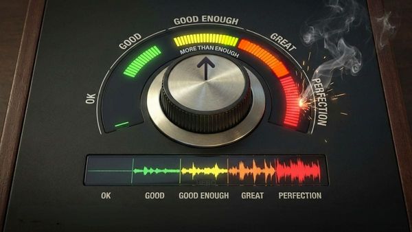An audio volume knob on a stereo representing how good enough is often the sweet spot for sound 