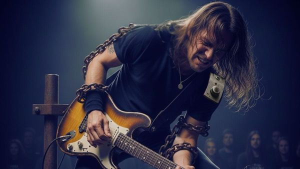A guitarist in chains with restricted movement in his shoulder and wrists