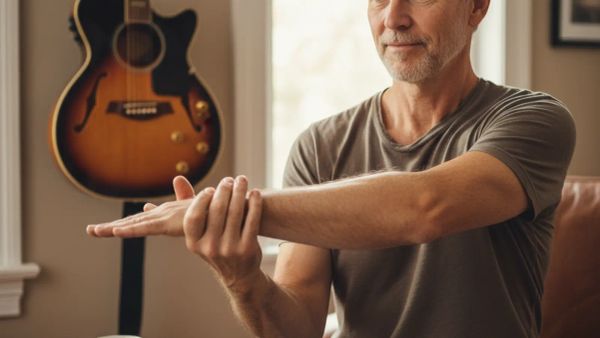 A middle aged guitarist sitting beside a guitar performing warm up stretches for his hands prior to playing 