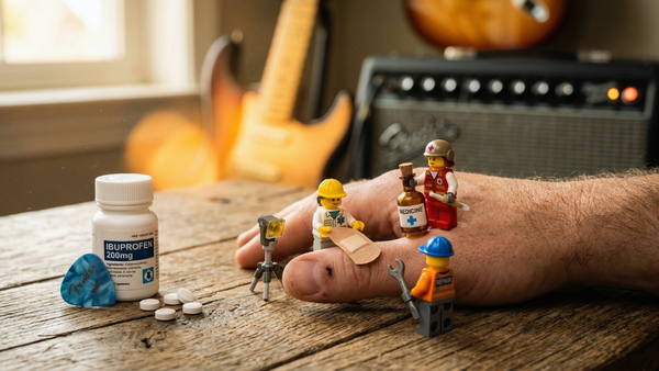 A guitarist picking hand thumb in pain  with a band aid being treated by lego men doctors 