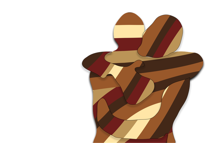 Stripped human shapes holding each other.