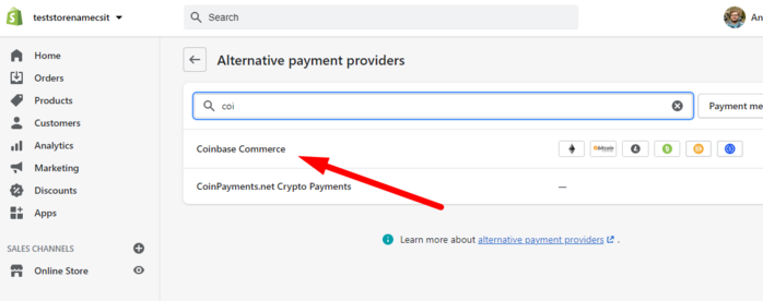 Select "Alternate Payment Providers" and search for Coinbase.