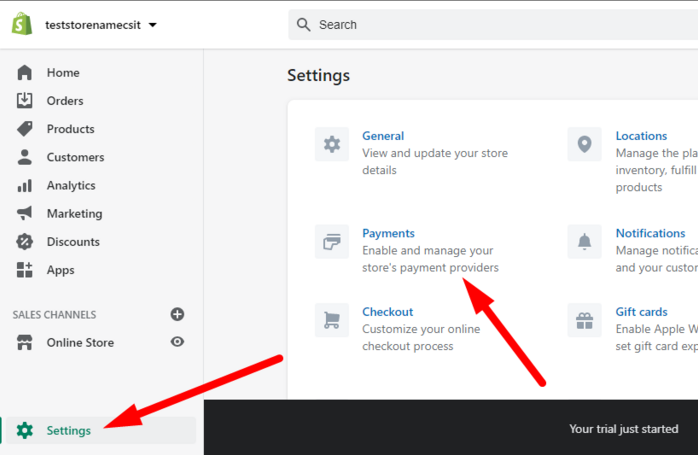 Head over to the Settings at the bottom left of your store dashboard and click "Payments." 