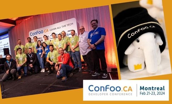 Photo : ConFoo (c) Frédérique Ménard-Aubin – Photo des organisateurs et bénévoles lors de ConFoo 2023 + Photo de la mascotte