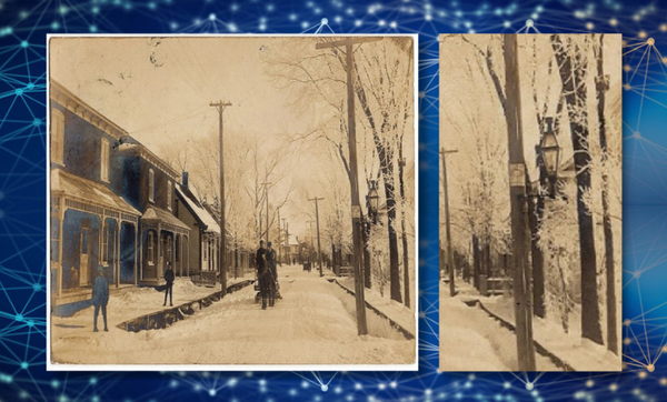 Inyulface allumeur de lampes - À droite, une lampe de rue, à Marieville, rue Chambly, de la rue St-Joseph vers la rue Ste-Mar