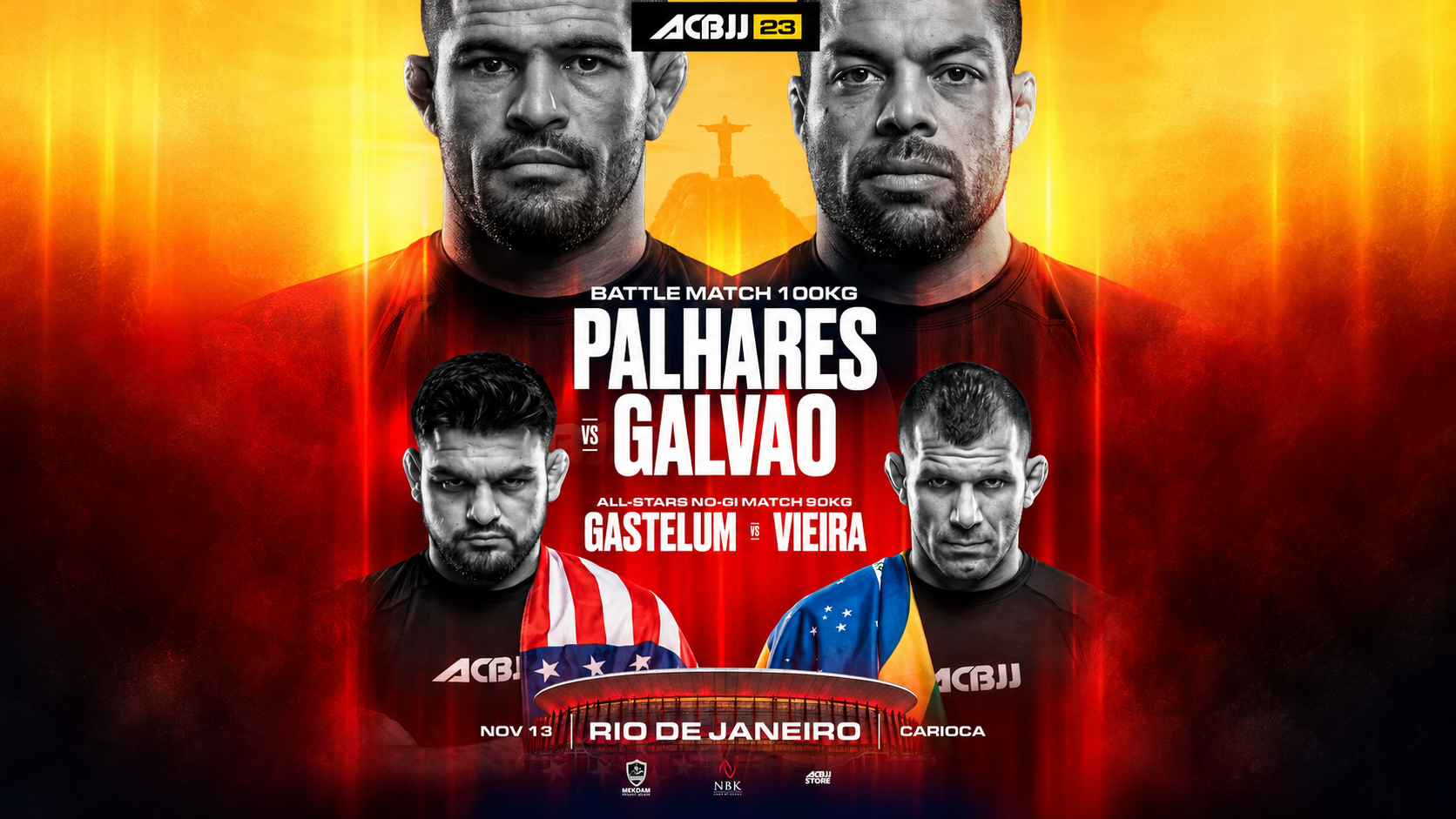 ACBJJ 23 promotional poster featuring Rousimar Palhares, Andre Galvao, Kelvin Gastelum, and Rodolfo Vieira, adapted to a landscape layout.