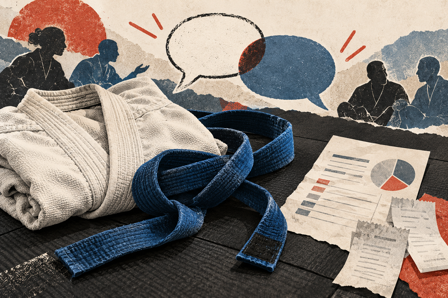 Editorial collage of a white jiu-jitsu gi, blue belt, household budget papers and speech bubbles about training costs and community.