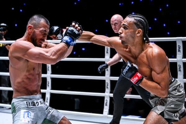 Kade Ruotolo lands a right hand against Hiroyuki Tetsuka in the ONE Championship ring.