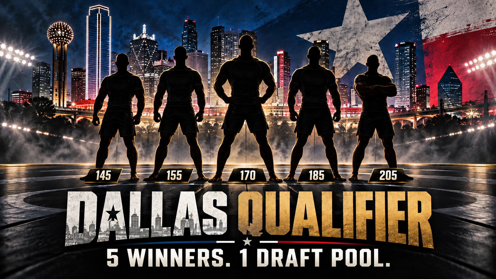 Illustrated lineup of five no-gi grapplers representing the Dallas qualifier champions at 145, 155, 170, 185 and 205 pounds