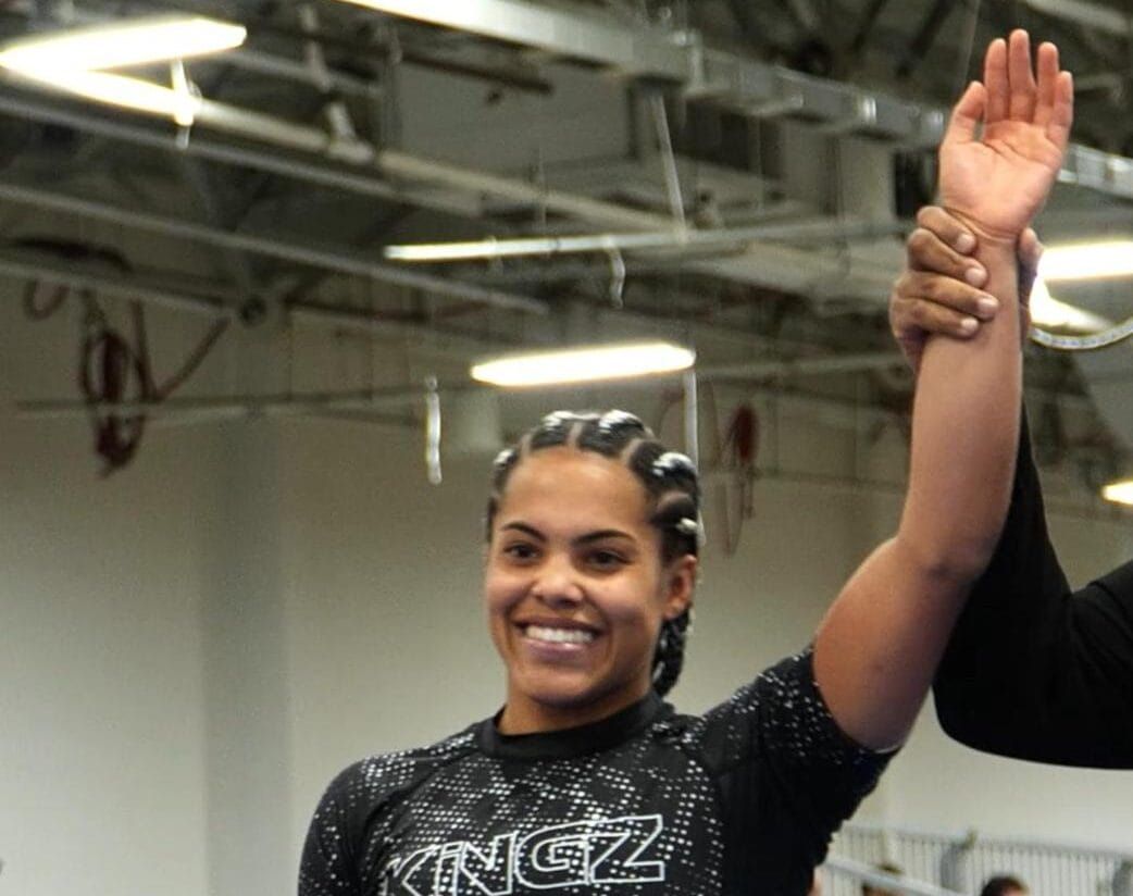Sarah Galvao celebrating her double-gold victory at the 2026 IBJJF Pan No-Gi Championship.