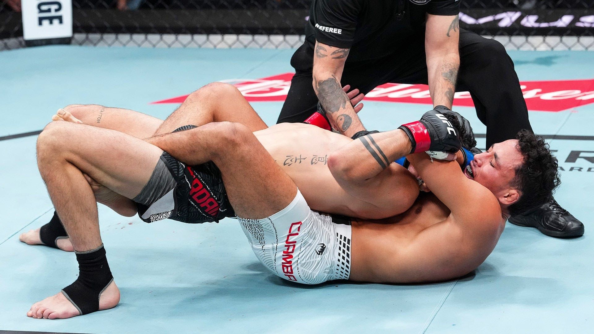 Timmy Cuamba secures a rear-naked choke against Louis Jourdain at UFC Edmonton.