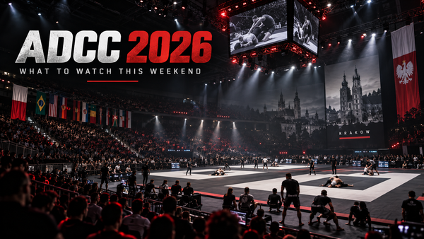 Cinematic ADCC 2026 grappling arena scene with competition mats, dramatic lights, and headline text reading ADCC 2026.
