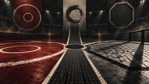 Conceptual illustration of wrestling, jiu-jitsu and MMA grappling paths converging on one competition mat