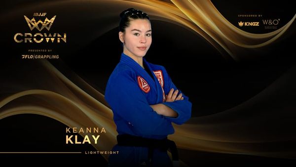 Keanna Klay in a blue gi and black belt on the official IBJJF Crown lightweight announcement graphic.