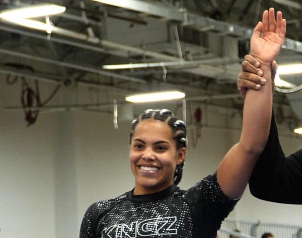 Sarah Galvao celebrating her double-gold victory at the 2026 IBJJF Pan No-Gi Championship.