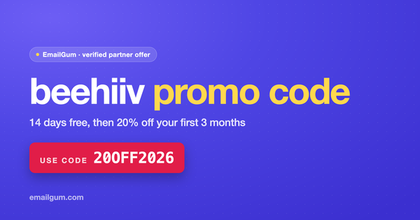 beehiiv promo code 20OFF2026: 14 days free then 20% off your first 3 months