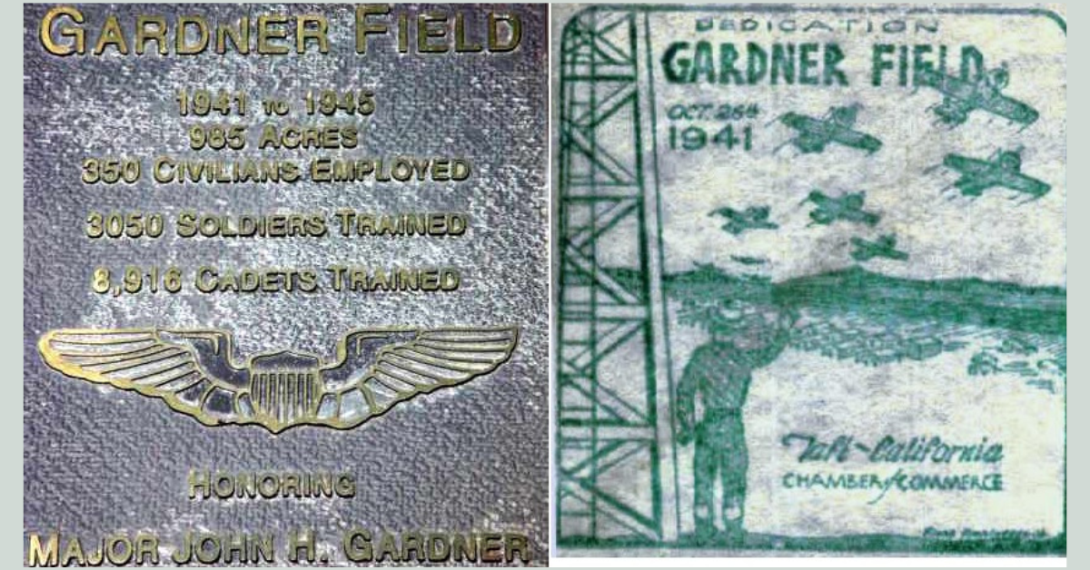   (Left) A plaque photo from Gardner Field. (Right) A special postmark of the dedication of Gardner Field from 1941. Plaque photo: Keith Wood, postmark photo: Taft Oil Museum archive, AirsfieldsFreeman.com courtesy Paul Freeman 