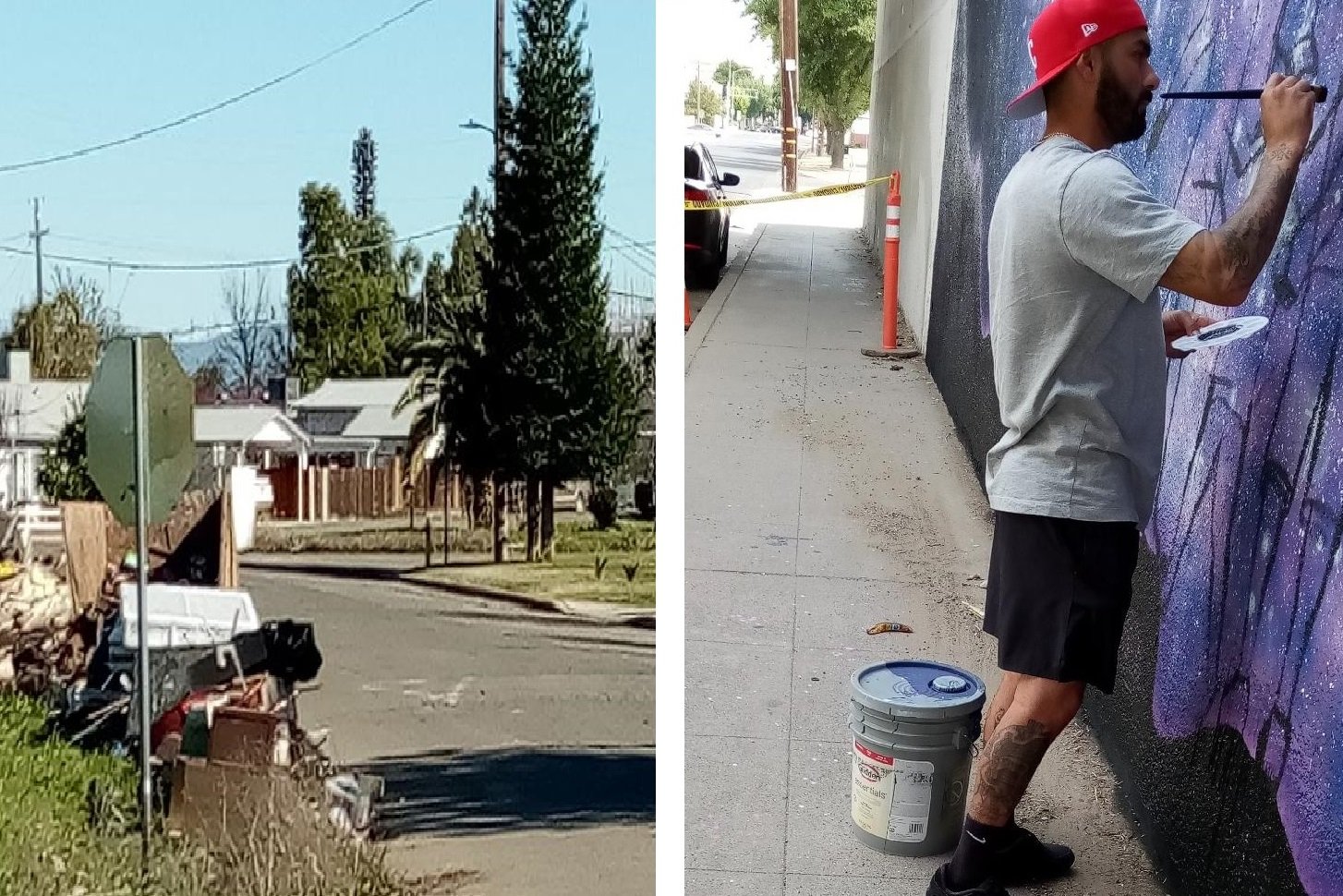 (Left) Flood damage in Planada. (Right) Muralist Martin Figueroa working on his project in Merced. Photos: Steve Newvine 