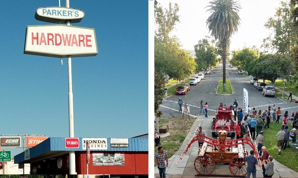   (Left) Parker’s Hardware closes on 18th Street in Merced after six decades of operation. (Right) The Merced Fire Department displayed the pumper Old Betsy at an exhibit at the Merced County Courthouse Museum. Photos: Steve Newvine 