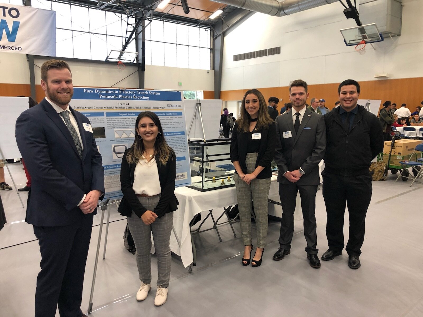  This team of UC Merced engineering students presented their solution to removing small pieces of plastic from recycling systems. Photo- Steve Newvine 
