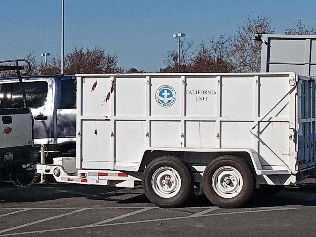  A pick-up truck hauling this trailer from Mennonite Disaster Services (MDS) has been working to help the community of Planada, but MDS is also lending its efforts to the LA wildfire recovery. Photo: Steve Newvine 