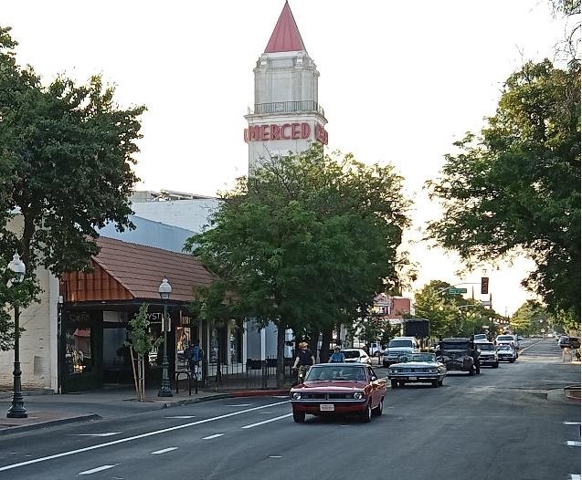  Steve and Patsy Chastain’s 1970 Dodge Dart was among the two-dozen classic vehicles that took part in the Main Street Reopening Cruise in Merced.  Photo:  Steve Newvine 