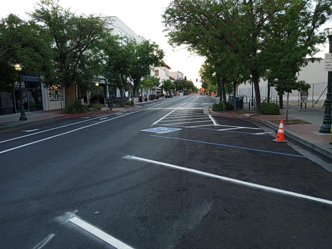  Part of the revitalization project on Main Street includes angle parking on the south side of the street as seen here in the section near N Street.  Photo:  Steve Newvine 