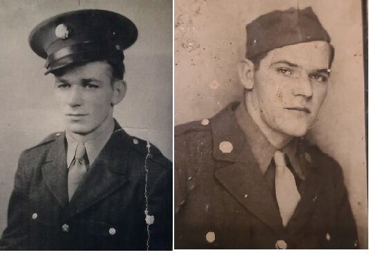  Army photographs of my great uncles Chester Dean (left) and Charles Dean.  Both served in World War II.  Chet was killed in a training accident in Wales one day before D-Day.  