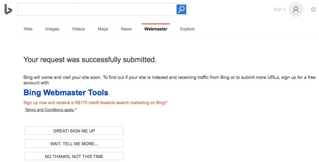 Página de confirmação que sua solicitação de cadastro do site no Bing foi enviada com sucesso.