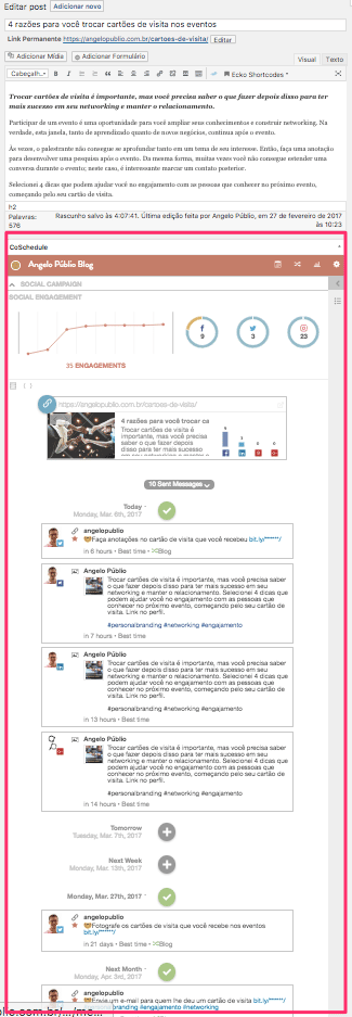 Área do CoSchedule para agendar as publicações nas redes sociais durante a edição do artigo no WordPress