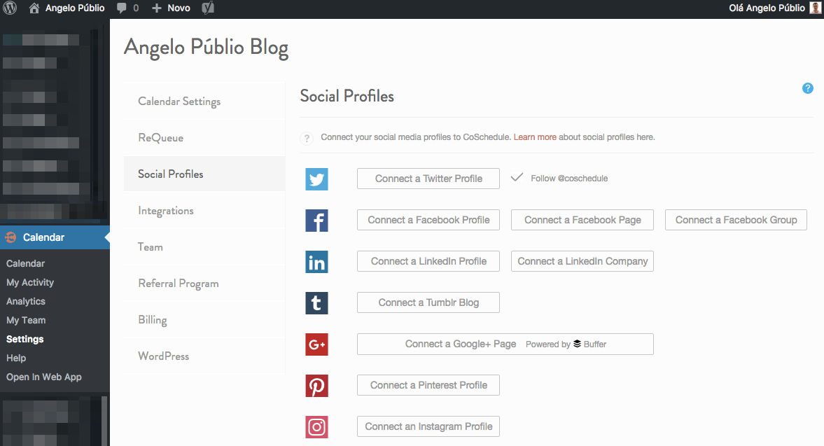 CoSchedule - Configurações - Perfis das Redes Sociais