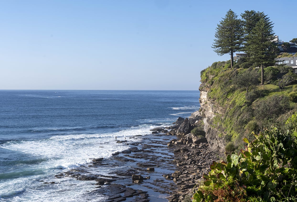 Morning surf rolls past the point at Little Avalon