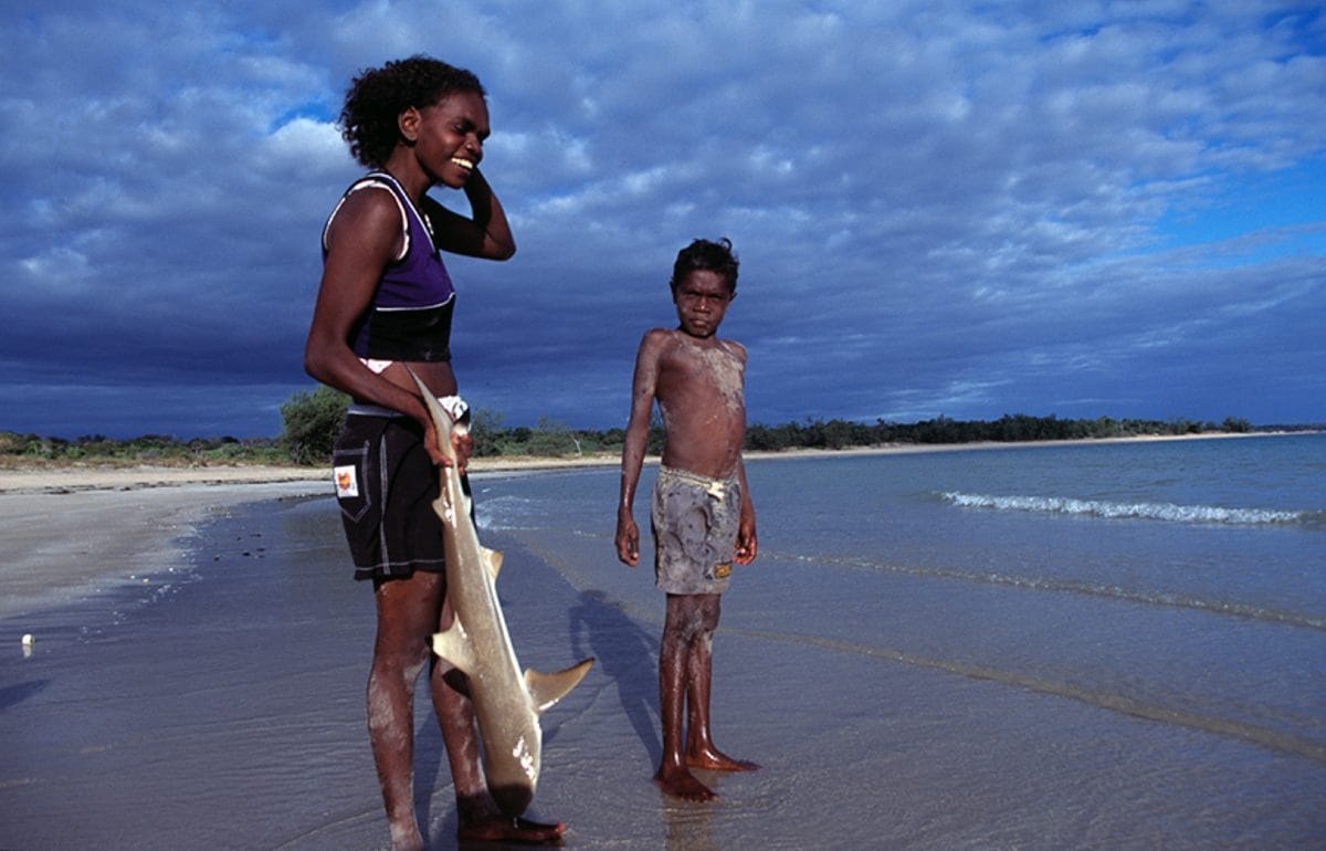 Two children on a Gulf of Carpentaria beach returning a small shark to the sea