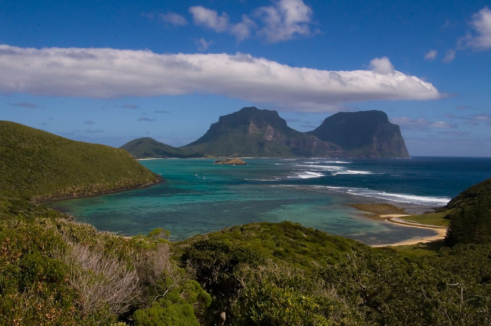 Lord Howe Island and its lagoon from Mount Eliza, Mounts Lidgbird and Gower behind
