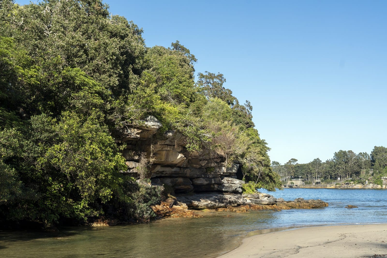 A small calm beach with bush and sandstone behind it