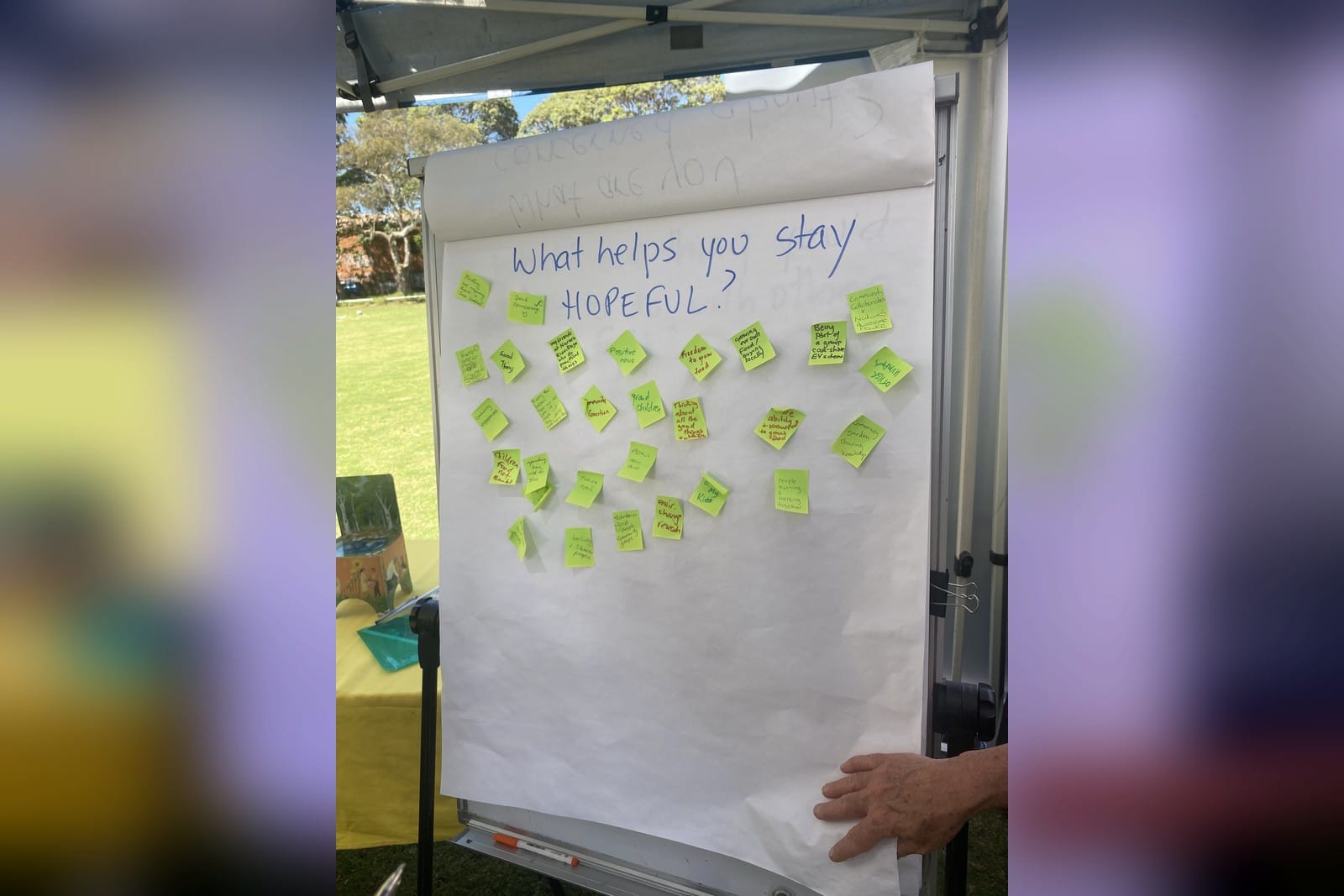 A whiteboard with the question What helps you stay hopeful and dozens of small green sticky notes
