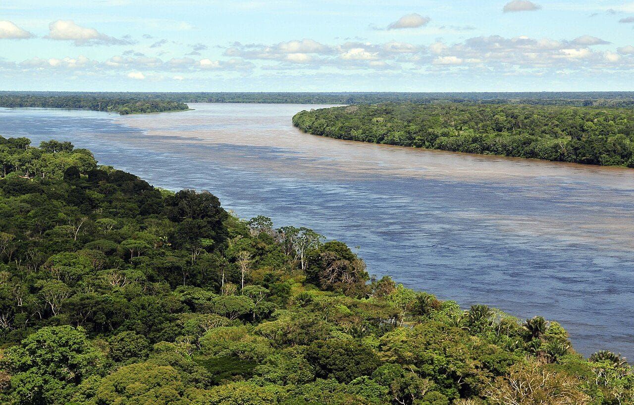 Aerial view of the Amazon river winding through unbroken rainforest