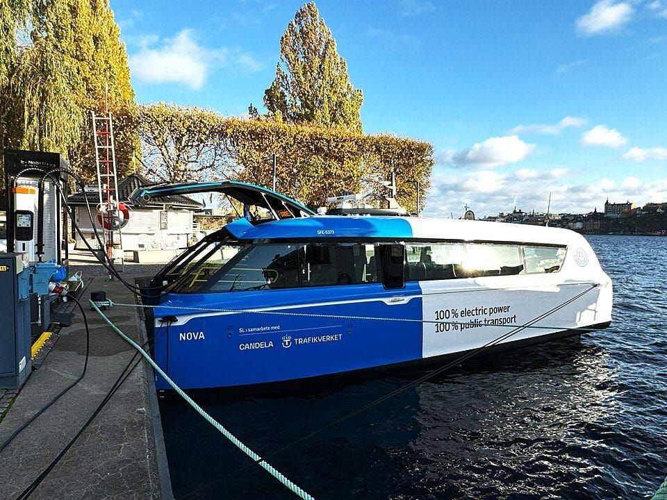 The Candela P-12 Nova electric hydrofoil ferry at its Stockholm charging dock