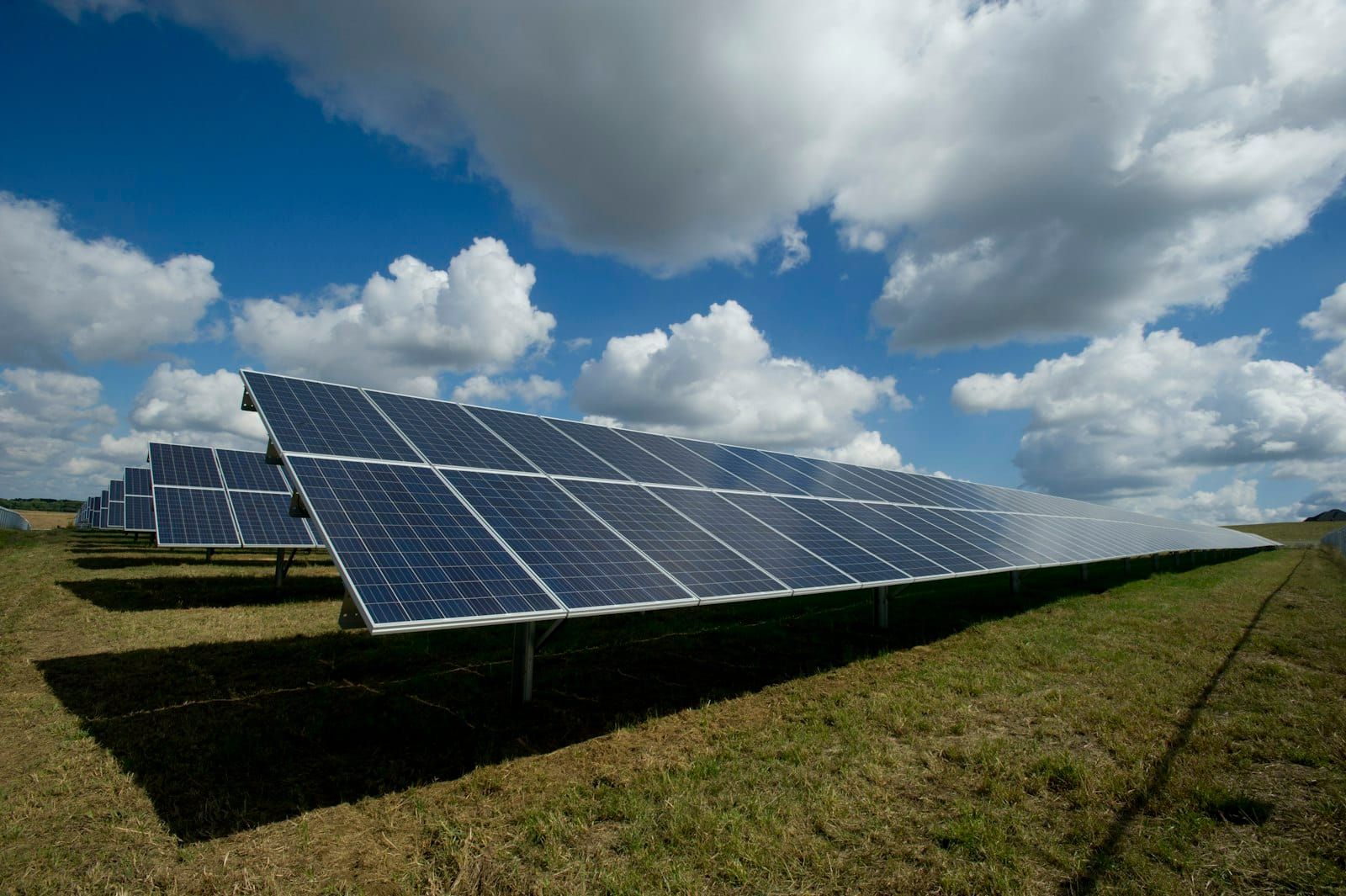 Rows of solar panels under a bright blue sky