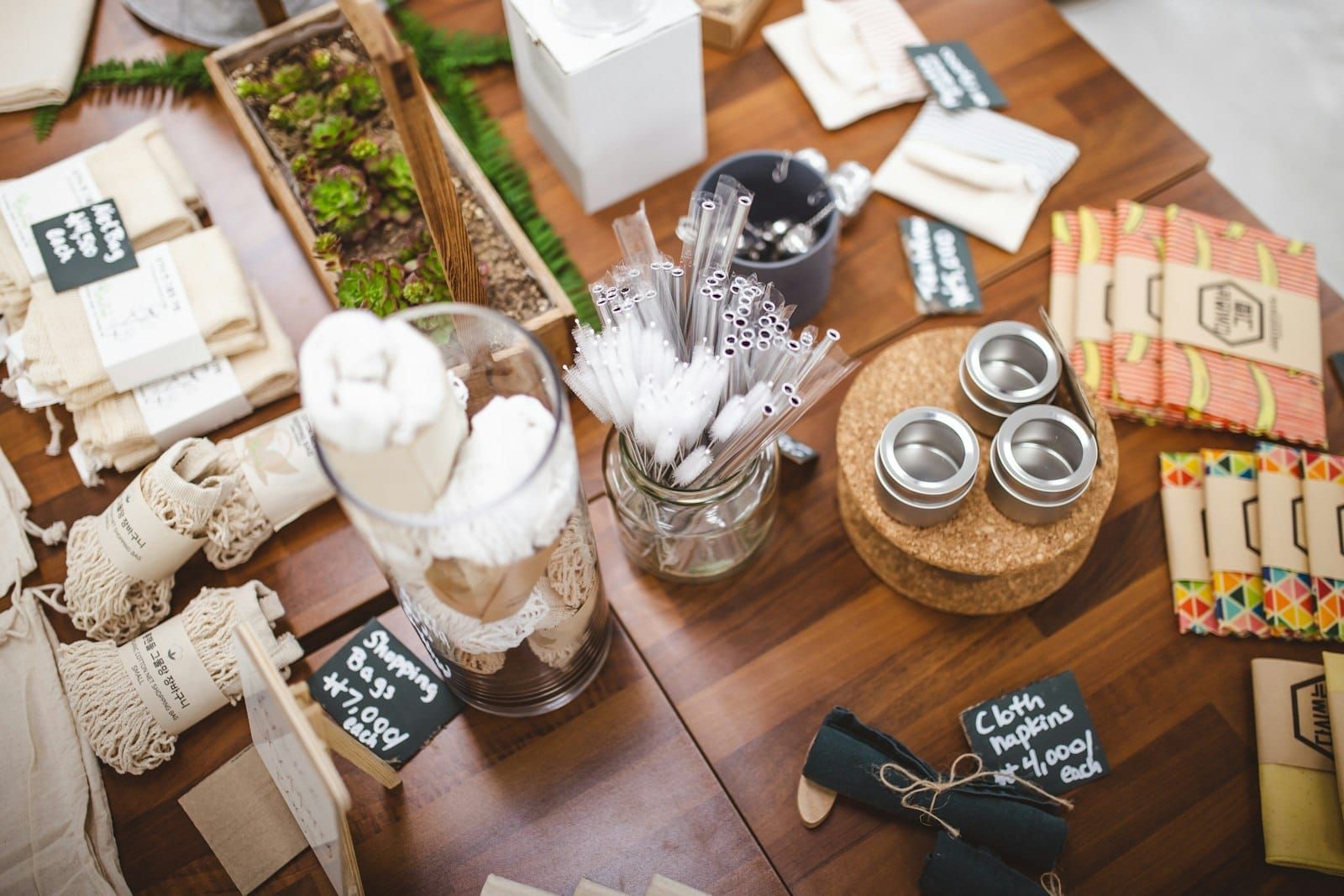 A table of reusable, plastic free everyday goods