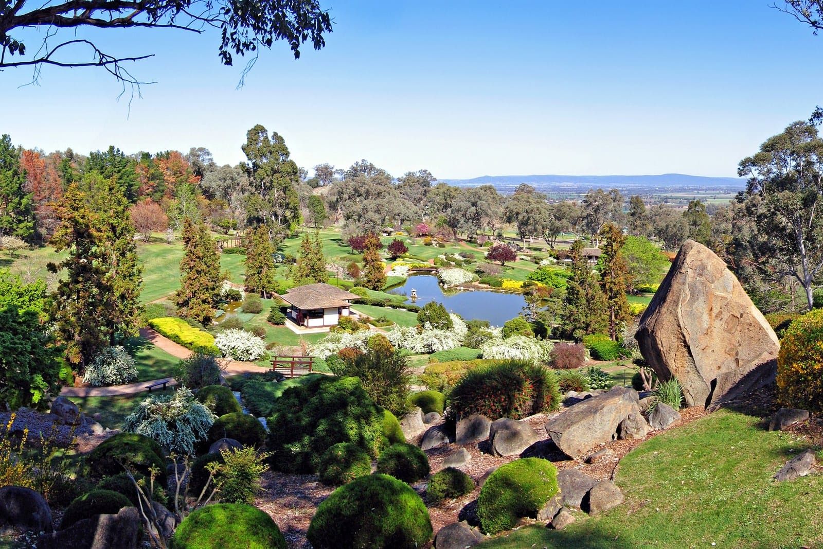 The Japanese garden at Cowra seen from above, with its lake, tea house and flowering trees