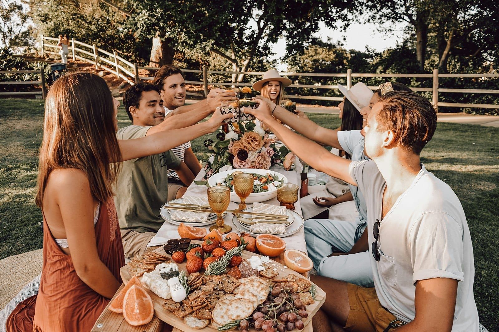 Friends raising glasses over a picnic board in a park