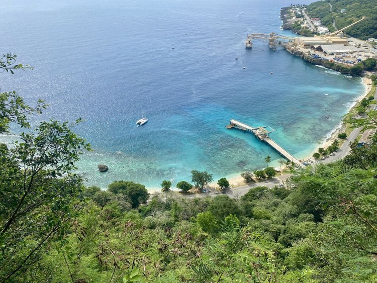 Flying Fish Cove from the clifftop, turquoise water and the wharf below the jungle, an Earth to Sea News original