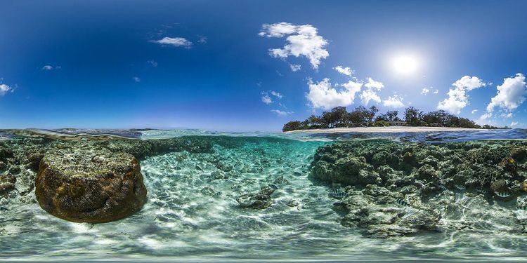 The clear reef waters of Lady Elliot Island, coral gardens beneath the surface, photographed by the XL Catlin Seaview Survey