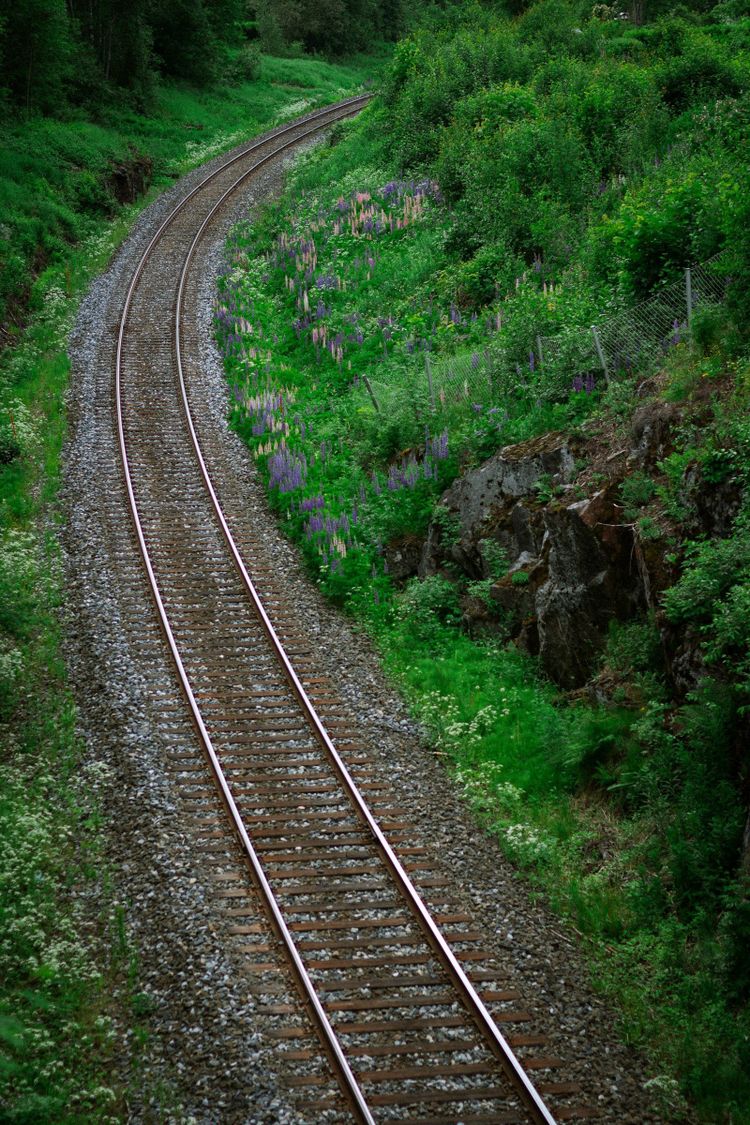 A single railway track curving through lush green countryside
