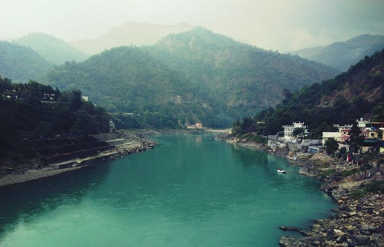 The teal green Ganges flowing out of forested hills past the edge of Rishikesh
