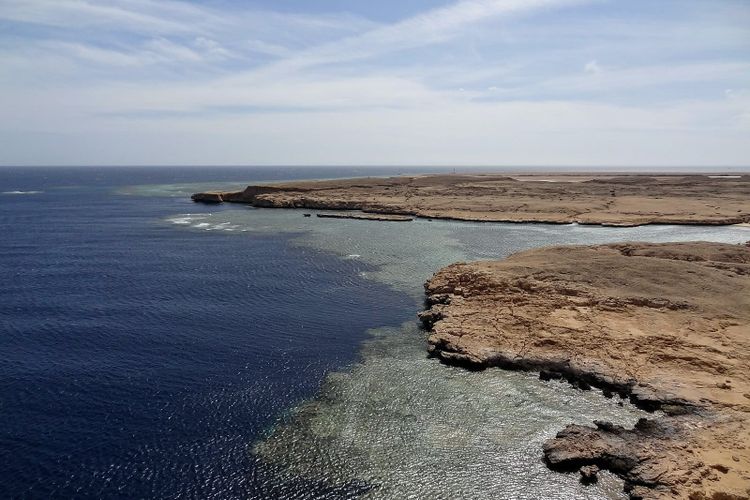 Red Sea reef edge seen from a sandstone cliff at Ras Mohammed, Egypt
