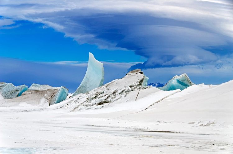 Pressure ridges of Antarctic sea ice near Scott Base under a pale sky